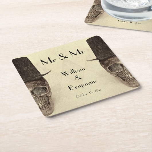 スカルゲイ氏とヴィンテージレトロセピア結婚ズ スクエアペーパーコースター (アングル)