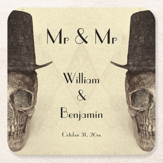 スカルゲイ氏とヴィンテージレトロセピア結婚ズ スクエアペーパーコースター (正面)