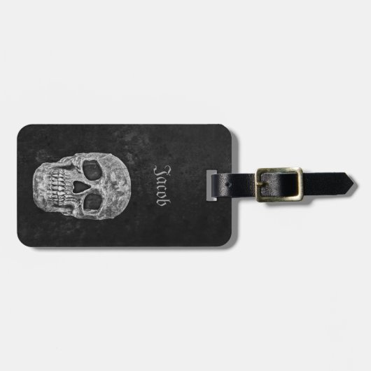 スカルゴシック様式の古いテクスチャ白黒グランジ ラゲッジタグ (正面横)