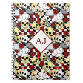 スカルシェフハットを着て赤いバラ柄シェフ ノートブック (正面)