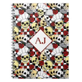 スカルシェフハットを着て赤いバラ柄シェフ ノートブック