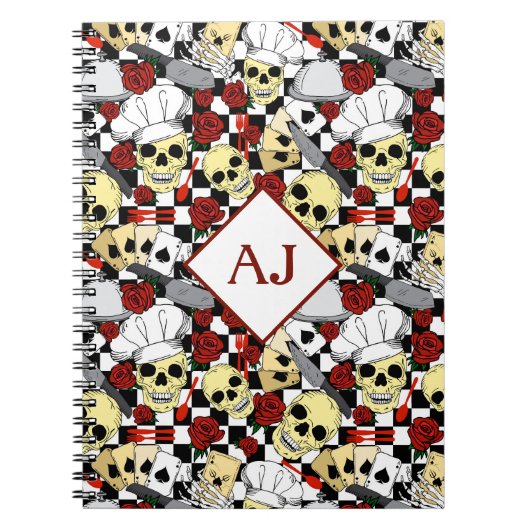 スカルシェフハットを着て赤いバラ柄シェフ ノートブック (正面)