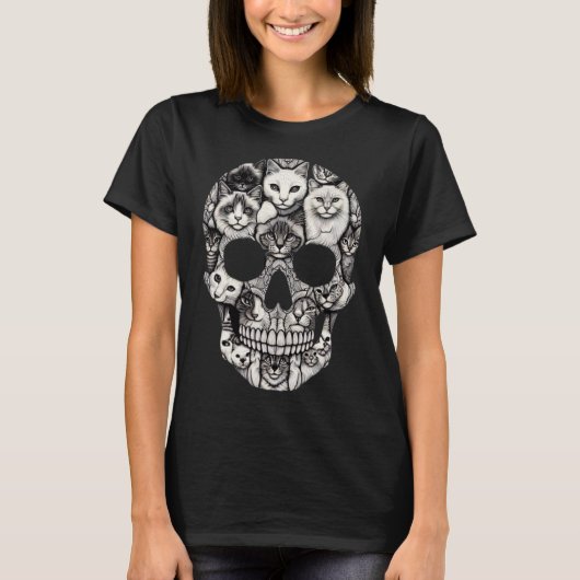 スカルスケルトンハロウィーンの衣装スカル猫 Tシャツ (正面)