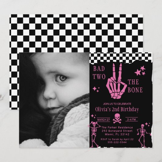 スカルスケルトン Bad to the Bone 2歳の誕生日 招待状 (正面/裏面)