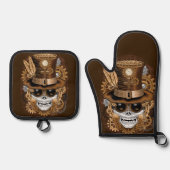 スカルスチームパンクブードゥーレトロ機 鍋つかみ&鍋敷きセット (正面)