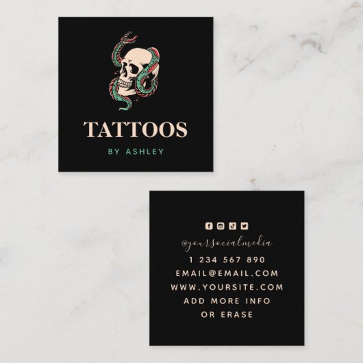 スカルスネークゴシックスタイルタトゥーアーティストミニマリスト スクエア名刺 (正面/裏面)