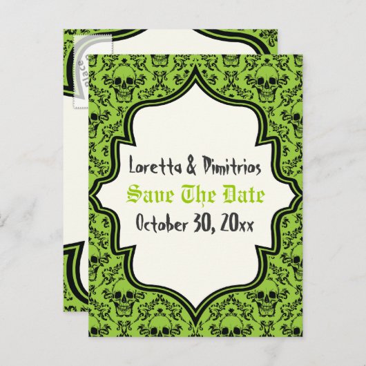 スカルダマスクグリーン、黒ハロウィーン日付を保存 案内ポストカード (正面/裏面)
