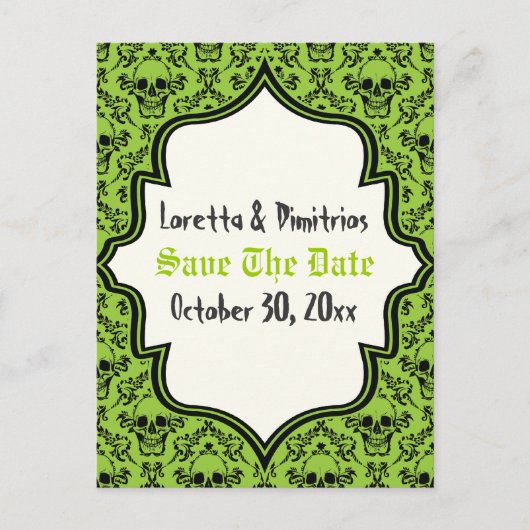 スカルダマスクグリーン、黒ハロウィーン日付を保存 案内ポストカード (正面)