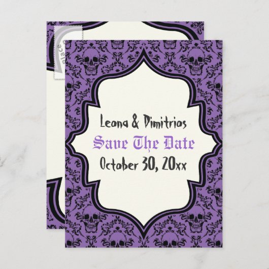 スカルダマスク紫の黒ハロウィーン日付を保存 案内ポストカード (正面/裏面)