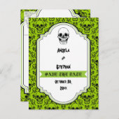 スカルダマスク緑の黒ハロウィーン日付を保存 案内ポストカード (正面/裏面)