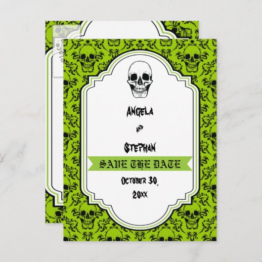 スカルダマスク緑の黒ハロウィーン日付を保存 案内ポストカード (正面/裏面)