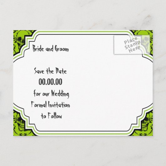 スカルダマスク緑の黒ハロウィーン日付を保存 案内ポストカード (裏面)