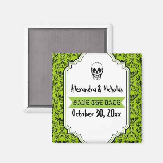 スカルダマスク緑、黒い結婚式の日付を保存 マグネット (正面/裏面)