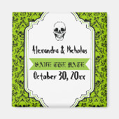 スカルダマスク緑、黒い結婚式の日付を保存 マグネット (正面)