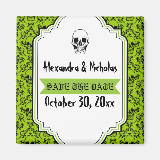 スカルダマスク緑、黒い結婚式の日付を保存 マグネット (正面)