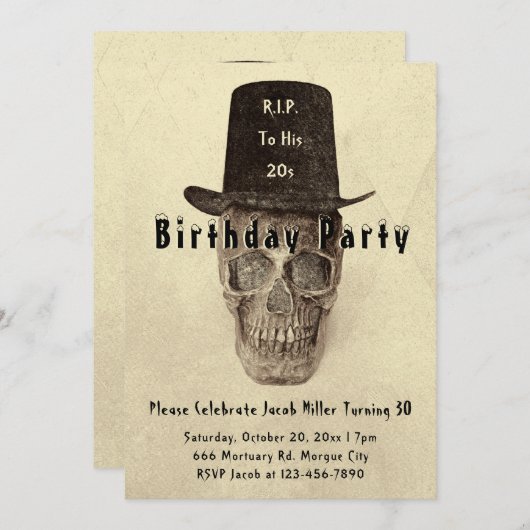 スカルトップハットヴィンテージセピアRIP To His 20s 招待状 (正面/裏面)
