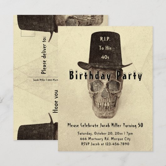 スカルトップハットヴィンテージセピアRIP To His 40s インビテーションポストカード (正面/裏面)