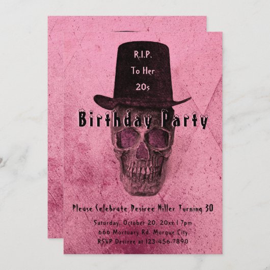 スカルトップハットヴィンテージピンクRIP To Her 20s 招待状 (正面/裏面)