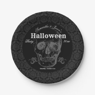 スカルハロウィンヴィンテージ白黒ゴシック ペーパープレート