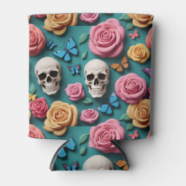 スカルバラと蝶ティール（緑がかった色） 缶クーラー