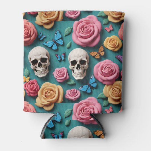 スカルバラと蝶ティール（緑がかった色） 缶クーラー (正面)