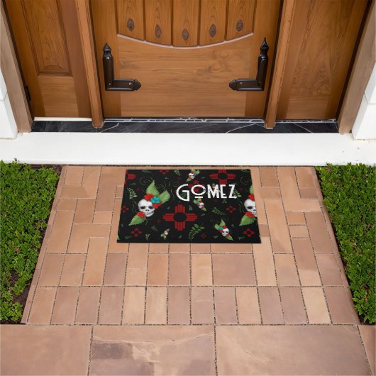 スカルバラズシアサングリーナリーブラックニューメキシコ ドアマット (室外)