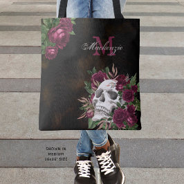 スカルバラモノグラム名ブルガンディーダークグランジ トートバッグ