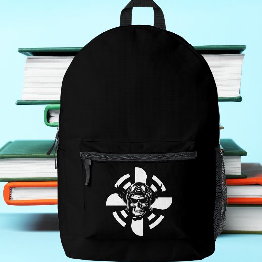 スカルパイロット&飛行機プロペラ、ミニマリスト、ブラック プリントバックパック