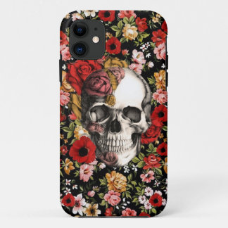 スカルパターンとのレトロの花模様 iPhone 11 ケース