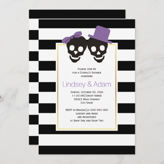 スカルパープルハロウィン結婚のカップルのシャワー 招待状 (正面/裏面)