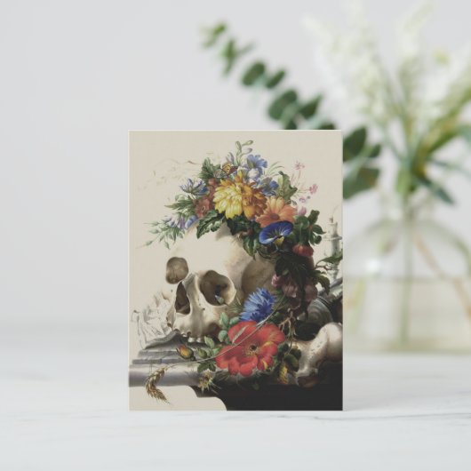 スカルフラワーフローラヴィンテージイラストレーション葉書 ポストカード (スタンド正面)
