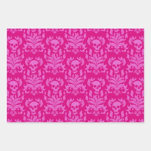 スカルフレイムダマスクのバブルガムピンクのホットピンク ラッピングペーパーシート (正面2)