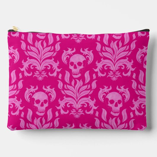 スカルフレイムダマスクグリッター効果ピンクのピンク アクセサリーポーチ (正面)