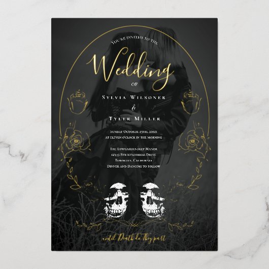 スカルフローラブラックフォトゴシック結婚ズ 箔招待状 (正面)