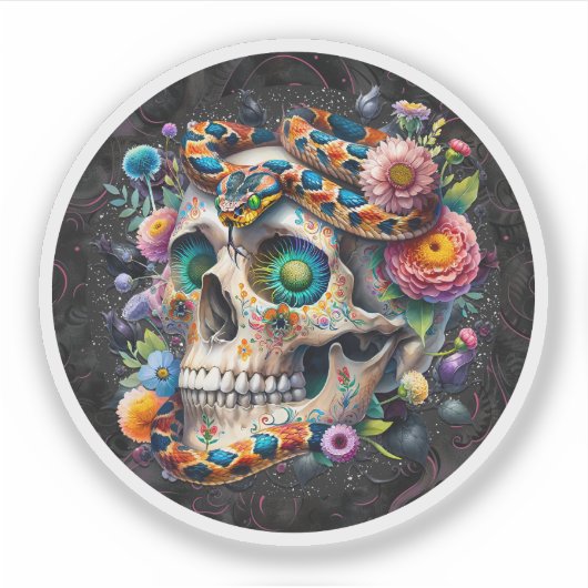 スカルフローララウンドステッカー付きヘビ シール (正面)