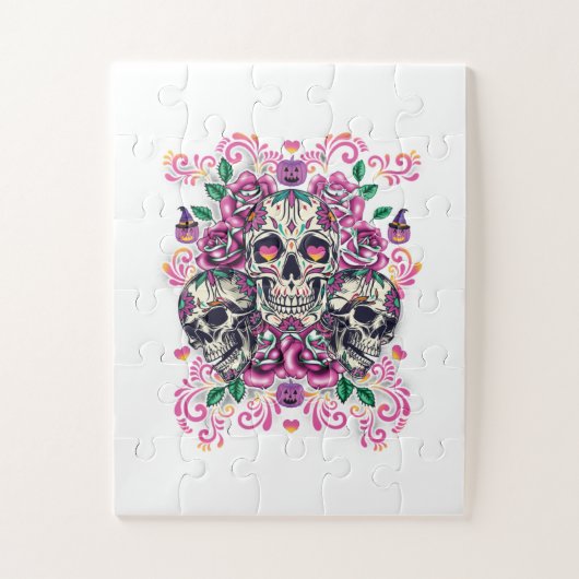 スカルフローラ、骨格水カラーピンク、ハロウィーン。 ジグソーパズル (縦)