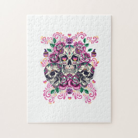 スカルフローラ、骨格水カラーピンク、ハロウィーン。 ジグソーパズル (縦)