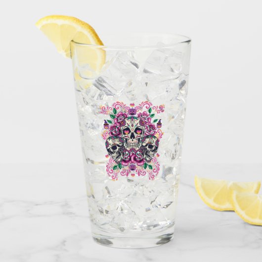 スカルフローラ、骨格水カラーピンク、ハロウィーン。 タンブラーグラス (アイス正面)