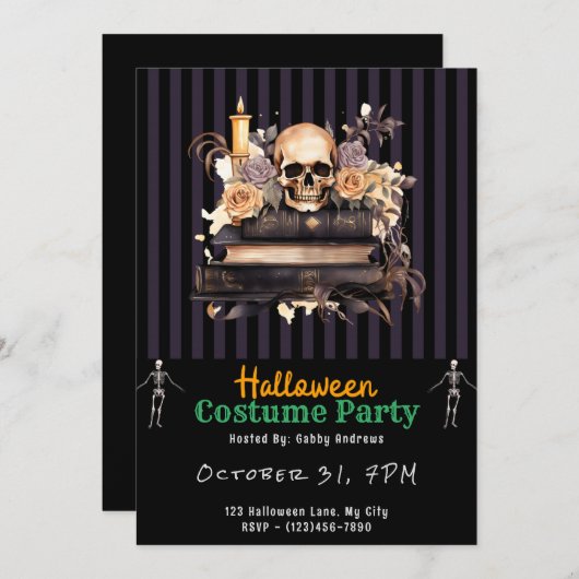 スカルブック金ゴールドとグレーバラブラックハロウィーン 招待状 (正面/裏面)