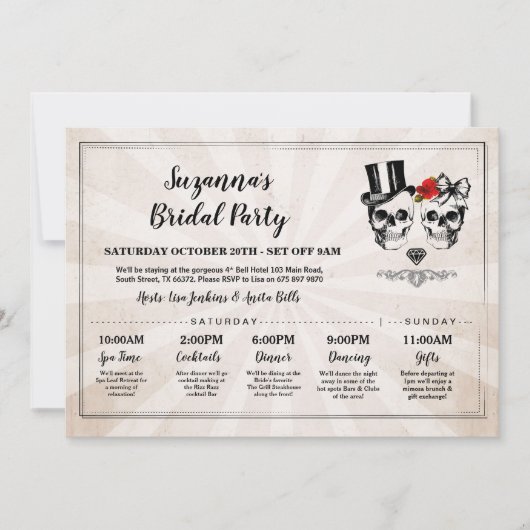 スカルブライダルシャワーの旅程バチェロレッテバラ 招待状 (正面)