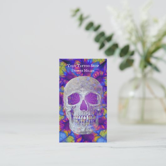 スカルヘッドカラフルパープルサンフラワータトゥーショップ 名刺 (スタンド正面)