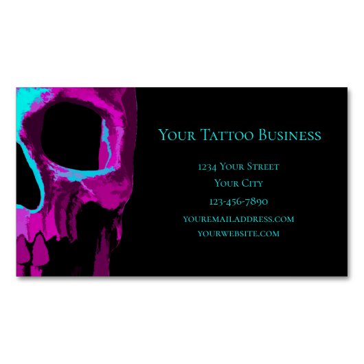 スカルヘッドゴシックネオンパープルティール(緑がかった色)ブラックデザイン マグネット名刺 (正面)