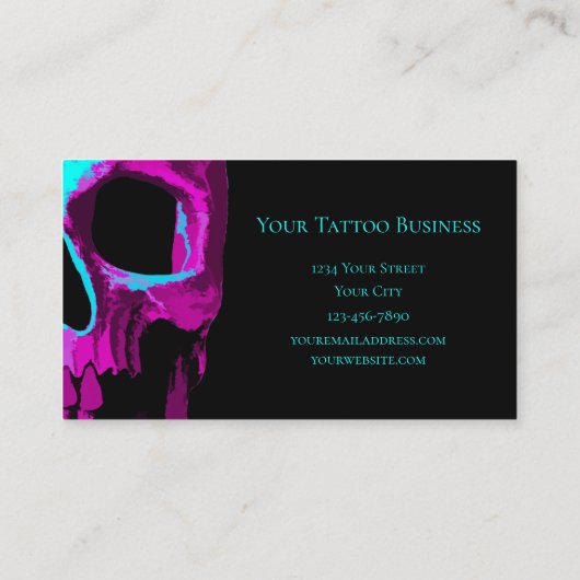 スカルヘッドゴシックネオンパープルティール(緑がかった色)ブラックデザイン 名刺 (裏面)