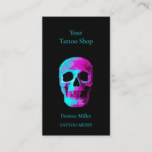 スカルヘッドゴシックネオンパープルティール(緑がかった色)ブラックデザイン 名刺 (正面)