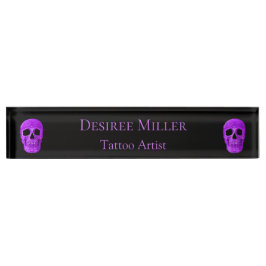 スカルヘッドゴシック様式ネオンパープルブラックタトゥーショップ デスクネームプレート