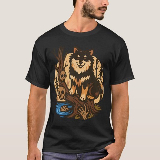スカルホラーアートの不気味な森の犬 Tシャツ (正面)