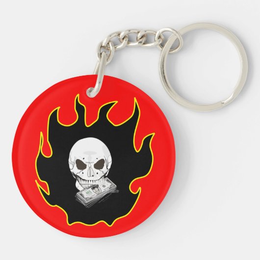 スカルマネーフレーム死レッドブラックファイアバイクもしくは自転車に乗る人キー キーホルダー (裏面)