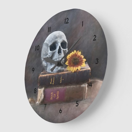 スカルヴィンテージオールドブックスイエローヒマワールゴシック ラージ壁時計 (傾斜)