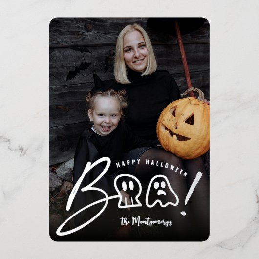 スカル不気味と幽霊ブー！ハロウィーン写真のスクリプト 箔シーズンカード (正面)