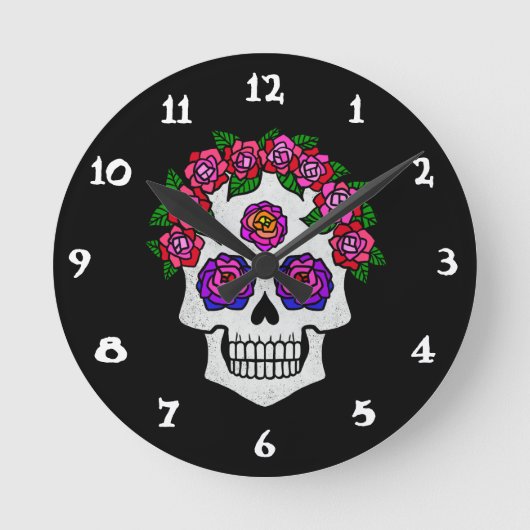 スカル付きバラ ラウンド壁時計 (正面)